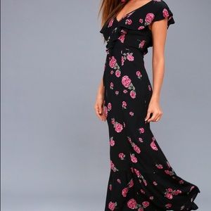 Off the shoulder, black, cotton floral maxi dress